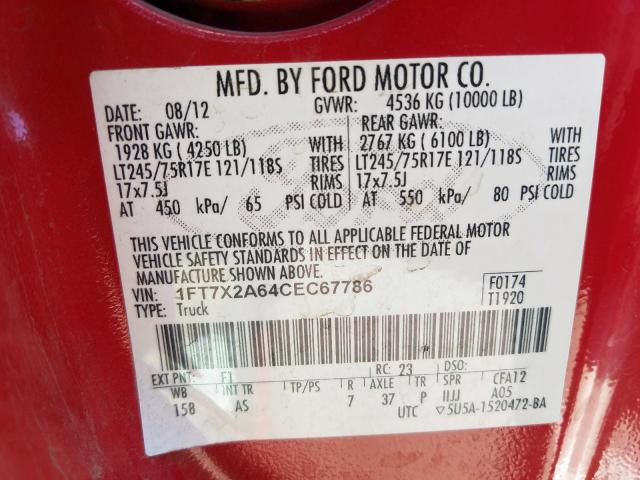 Photo 9 VIN: 1FT7X2A64CEC67786 - FORD F250 SUPER 