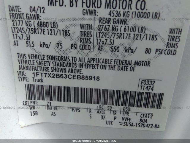 Photo 8 VIN: 1FT7X2B63CEB85918 - FORD SUPER DUTY F-250 