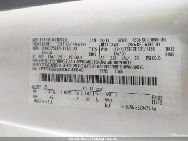 Photo 8 VIN: 1FT7X2B63KEC46649 - FORD F-250 