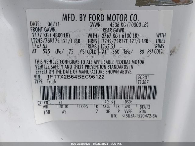 Photo 8 VIN: 1FT7X2B64BEC96122 - FORD F250 