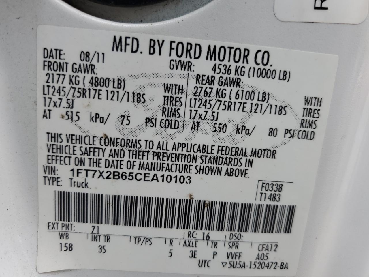 Photo 11 VIN: 1FT7X2B65CEA10103 - FORD F250 