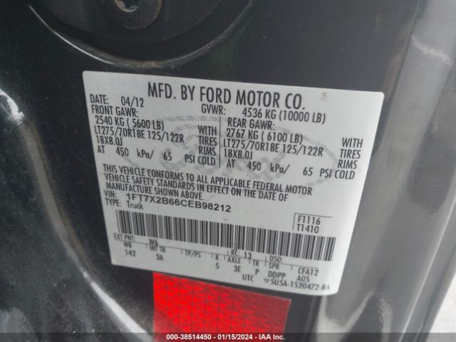 Photo 8 VIN: 1FT7X2B66CEB98212 - FORD F-250 