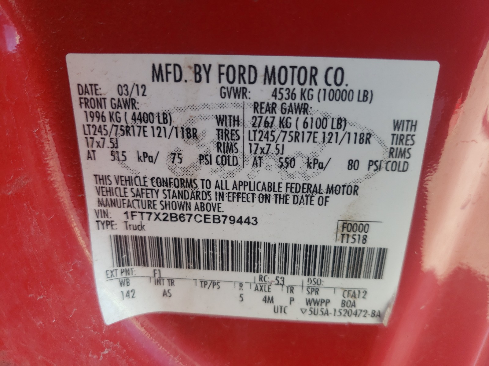 Photo 9 VIN: 1FT7X2B67CEB79443 - FORD F250 SUPER 