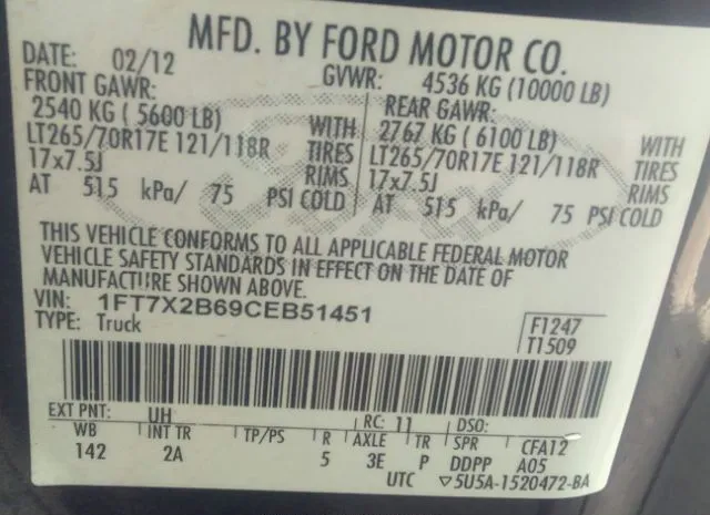 Photo 8 VIN: 1FT7X2B69CEB51451 - FORD SUPER DUTY F-250 