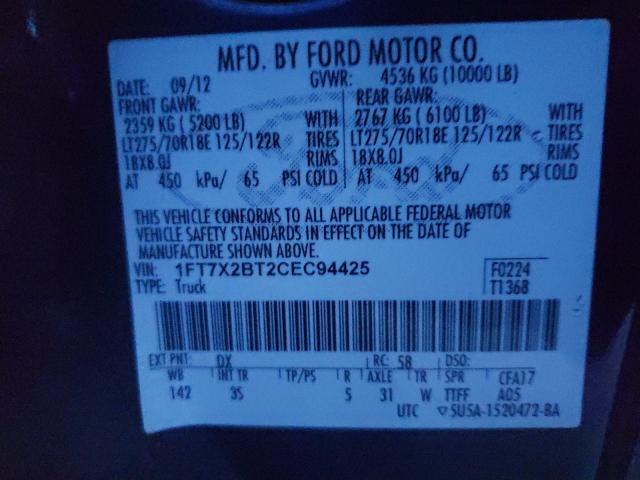 Photo 9 VIN: 1FT7X2BT2CEC94425 - FORD F250 SUPER 