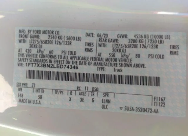 Photo 8 VIN: 1FT7X3BN2LED74346 - FORD SUPER DUTY F-350 SRW 