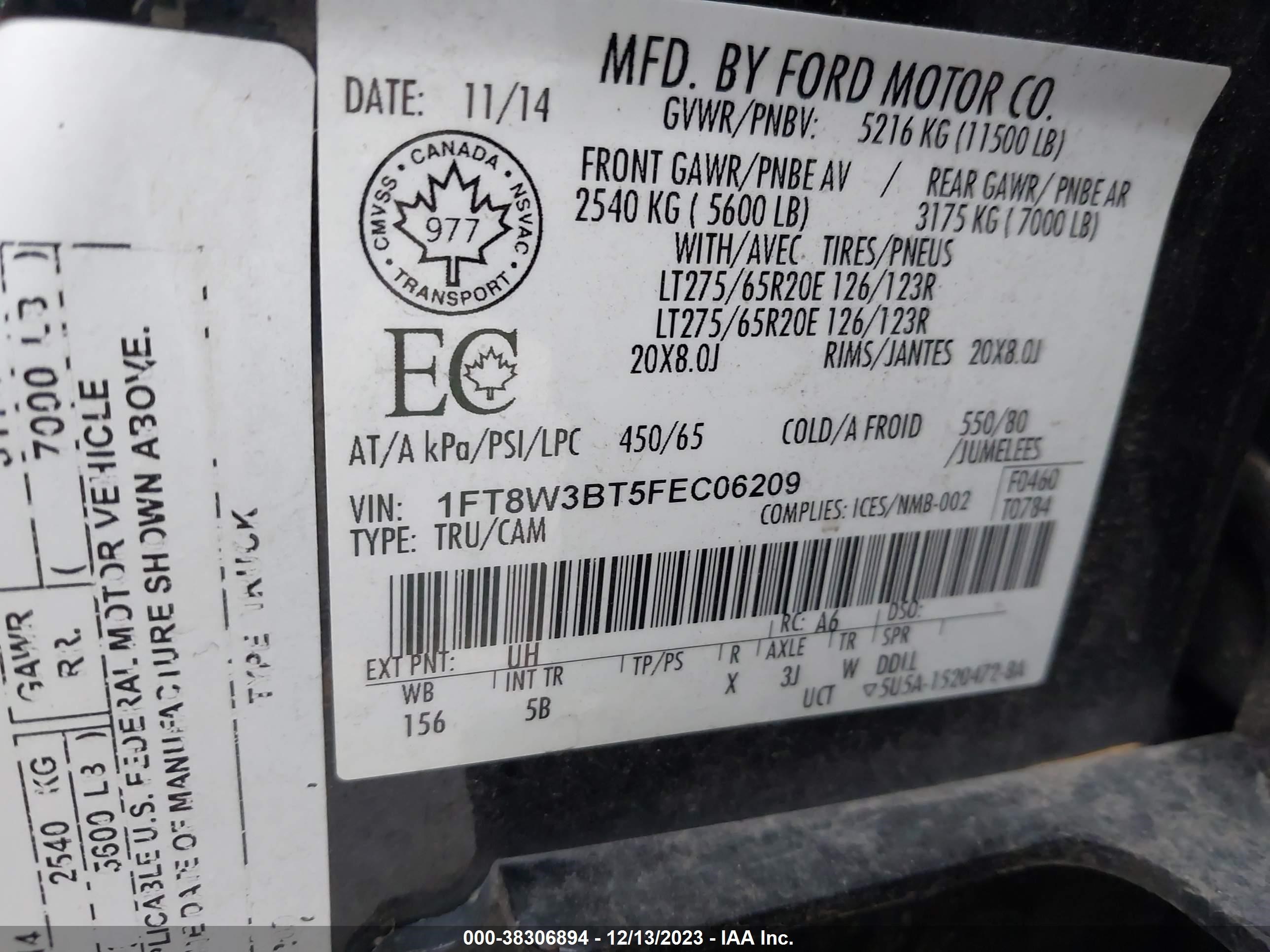 Photo 8 VIN: 1FT8W3BT5FEC06209 - FORD F350 