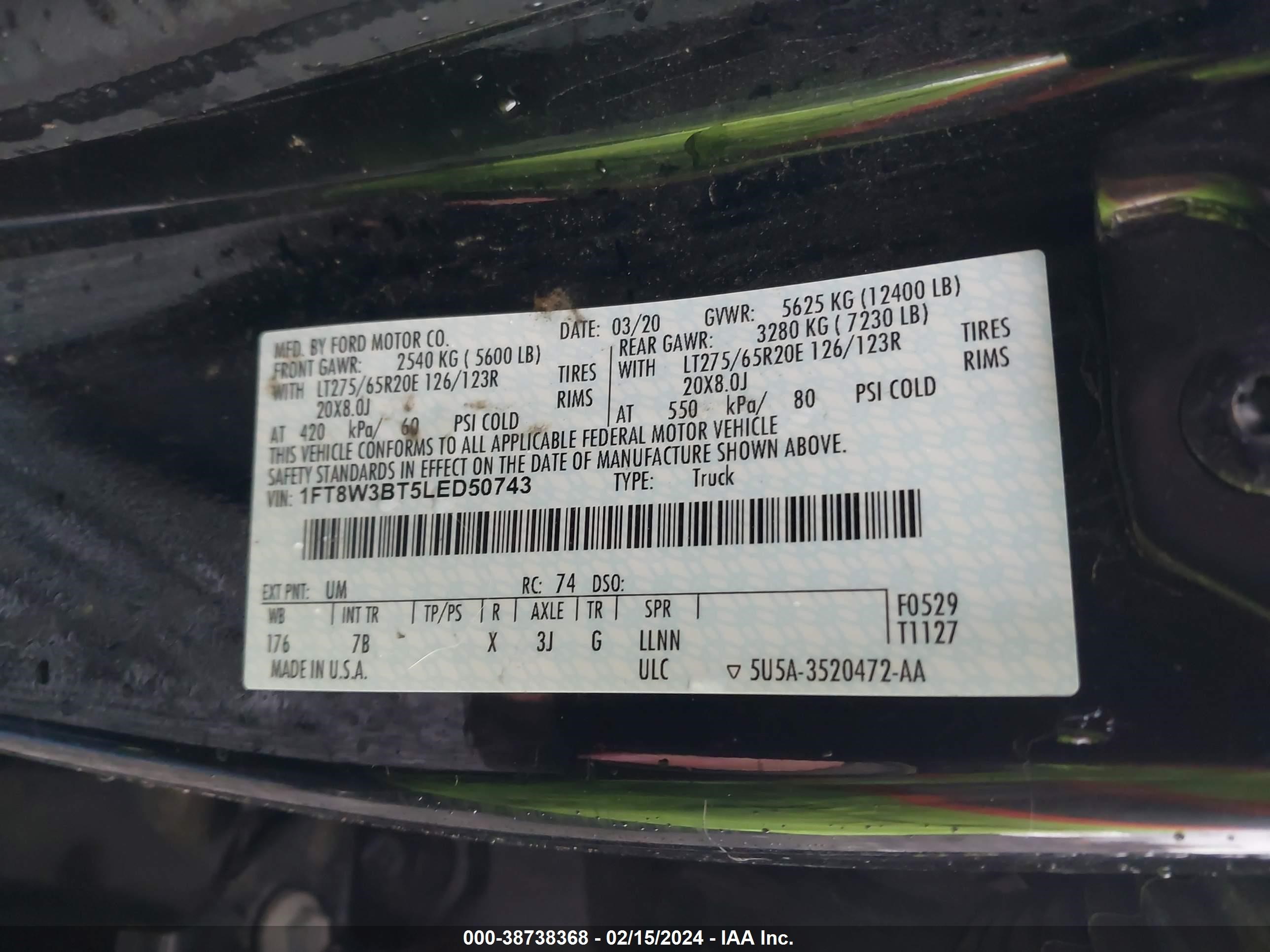 Photo 8 VIN: 1FT8W3BT5LED50743 - FORD F350 