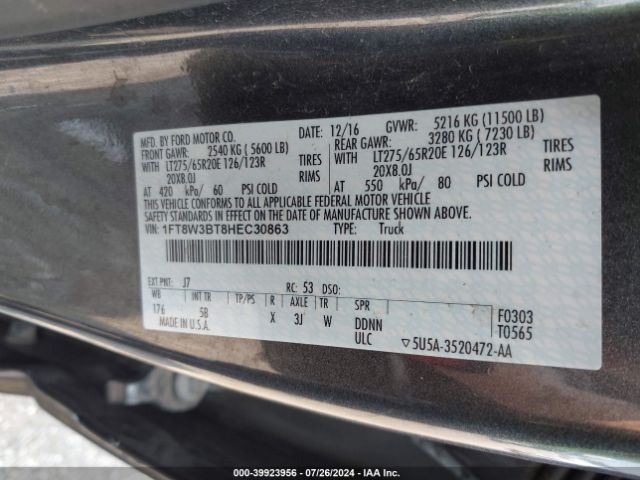 Photo 8 VIN: 1FT8W3BT8HEC30863 - FORD F-350 