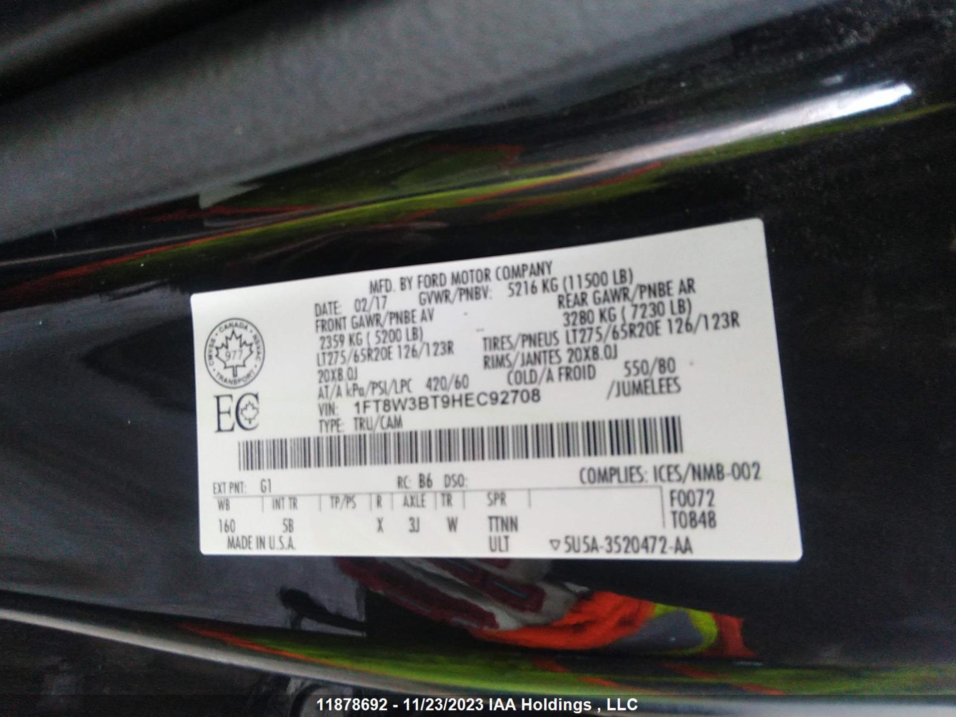 Photo 8 VIN: 1FT8W3BT9HEC92708 - FORD F350 