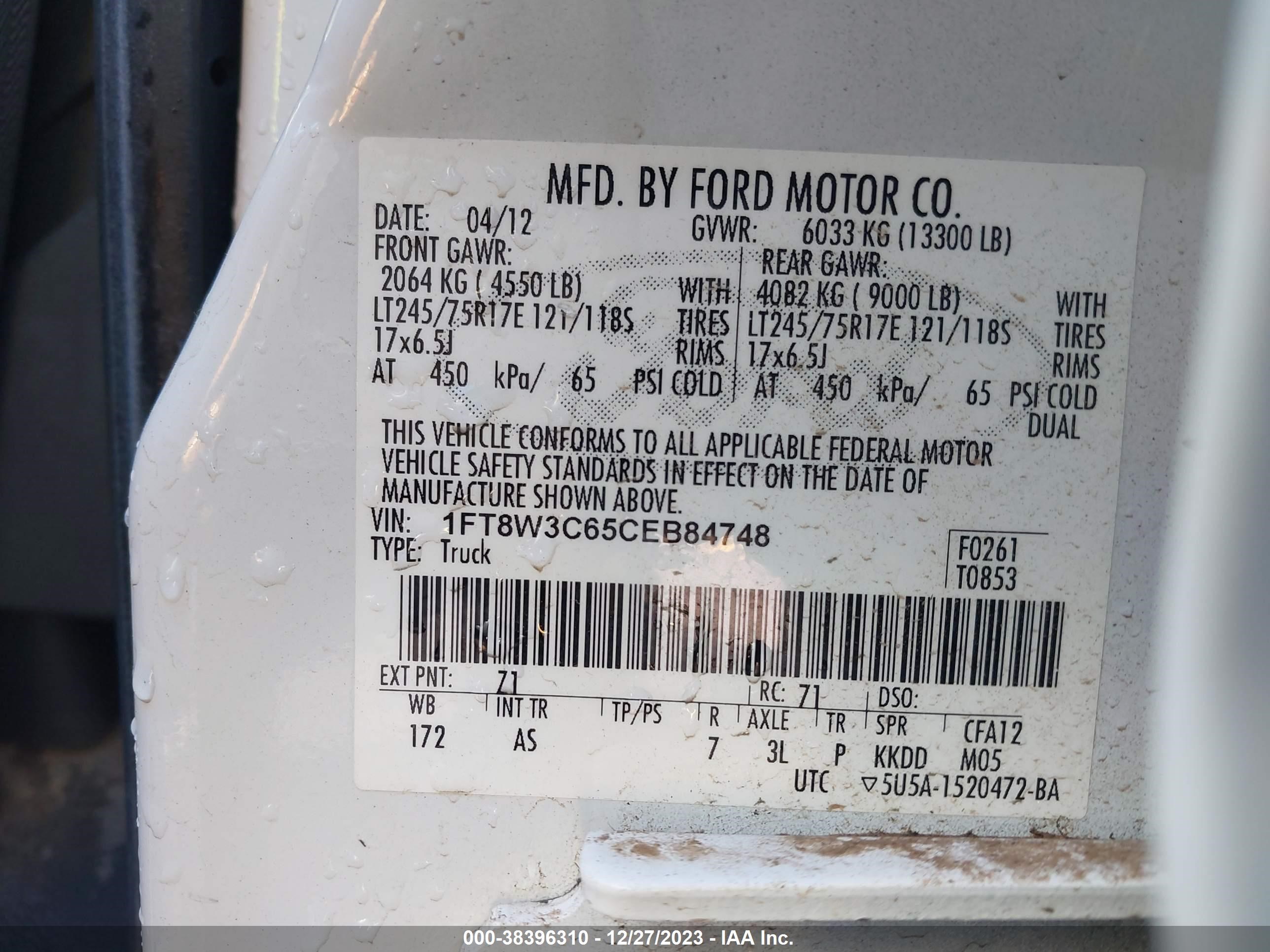 Photo 8 VIN: 1FT8W3C65CEB84748 - FORD F350 