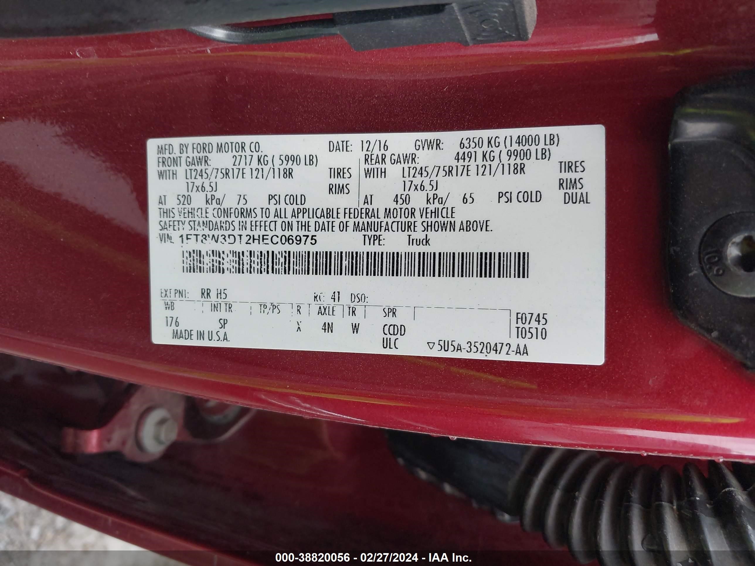 Photo 8 VIN: 1FT8W3DT2HEC06975 - FORD F350 