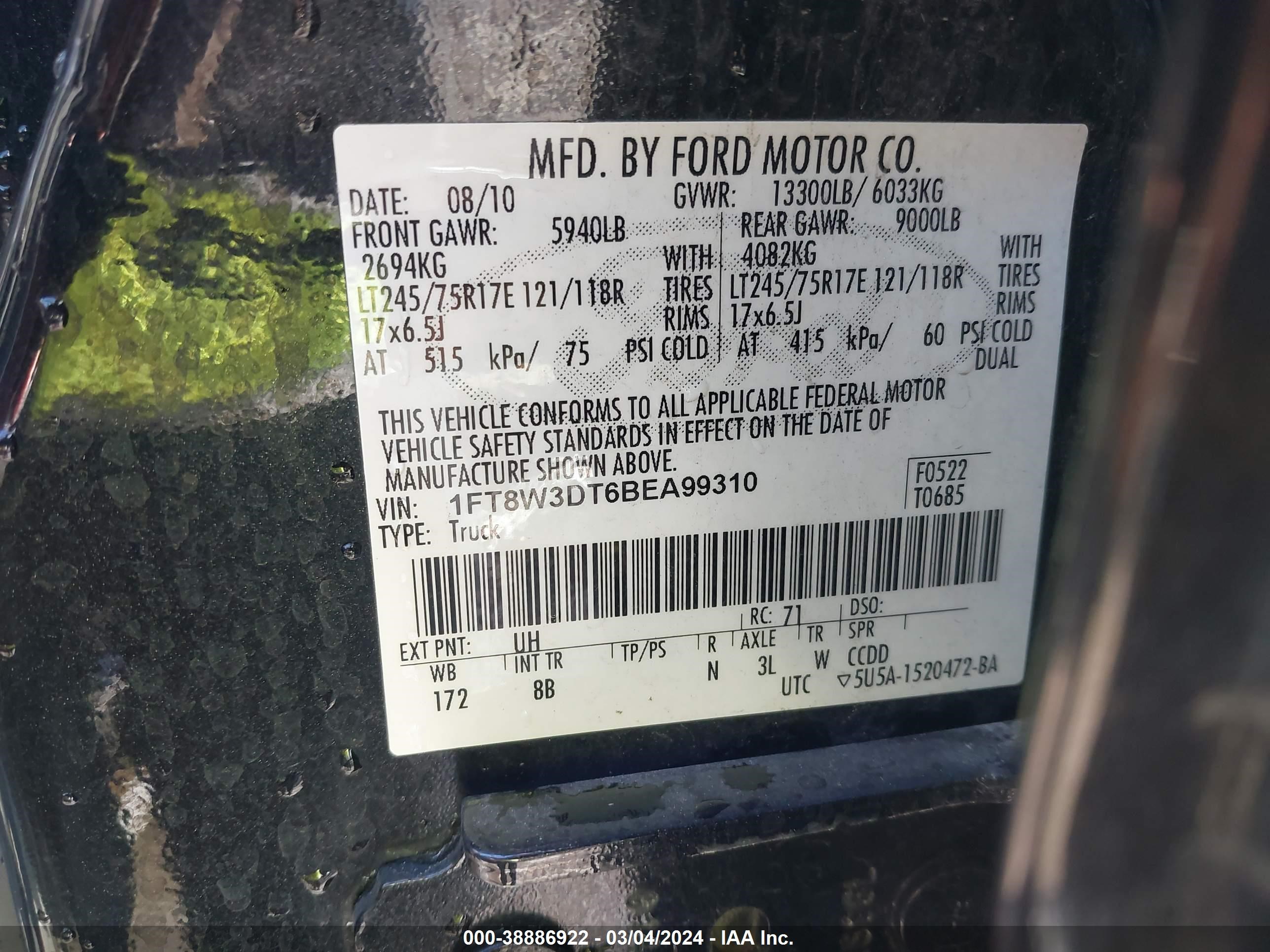 Photo 7 VIN: 1FT8W3DT6BEA99310 - FORD F350 