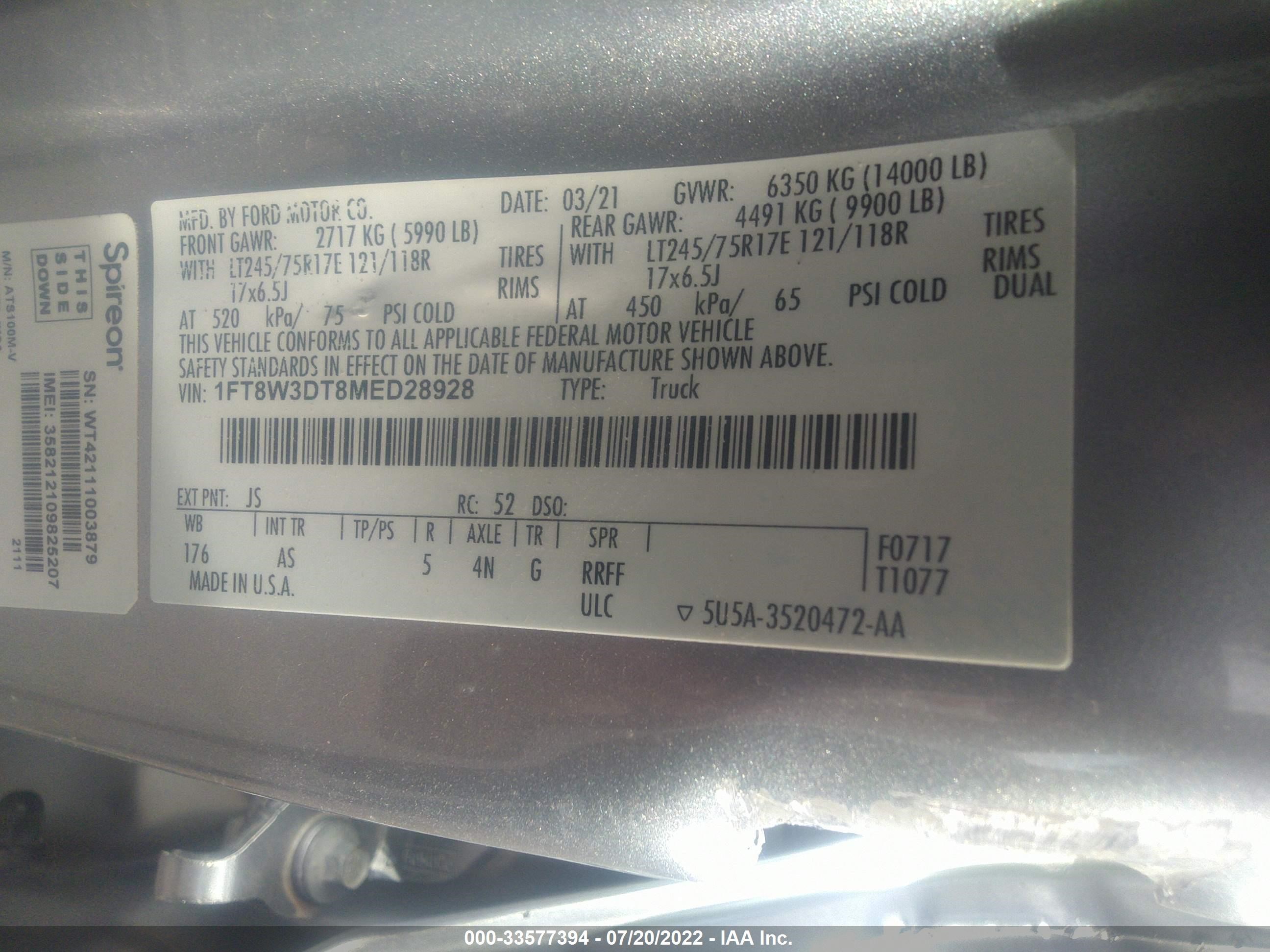 Photo 8 VIN: 1FT8W3DT8MED28928 - FORD F350 