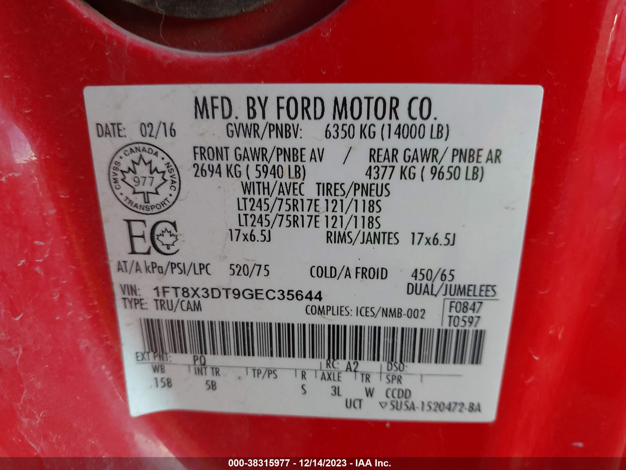 Photo 8 VIN: 1FT8X3DT9GEC35644 - FORD F350 