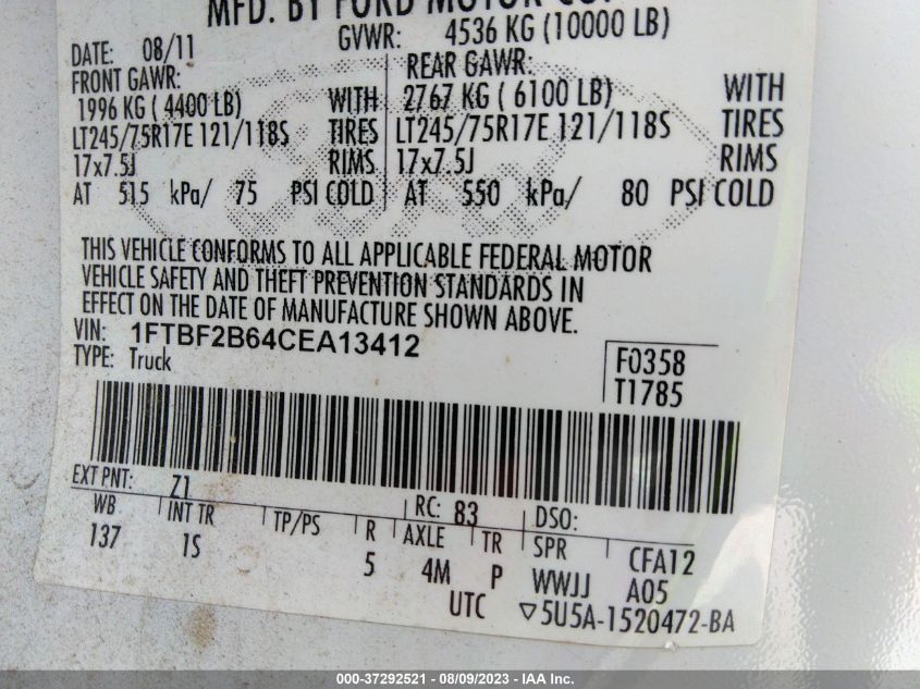 Photo 8 VIN: 1FTBF2B64CEA13412 - FORD F250 