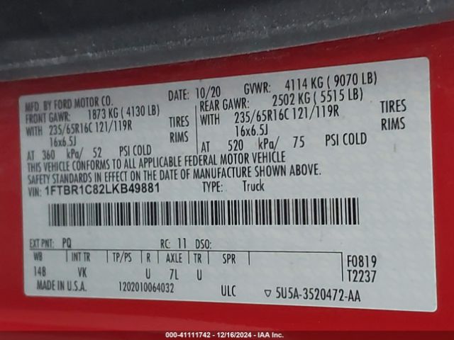 Photo 8 VIN: 1FTBR1C82LKB49881 - FORD TRANSIT 