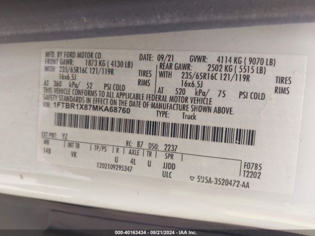 Photo 8 VIN: 1FTBR1X87MKA68760 - FORD TRANSIT 