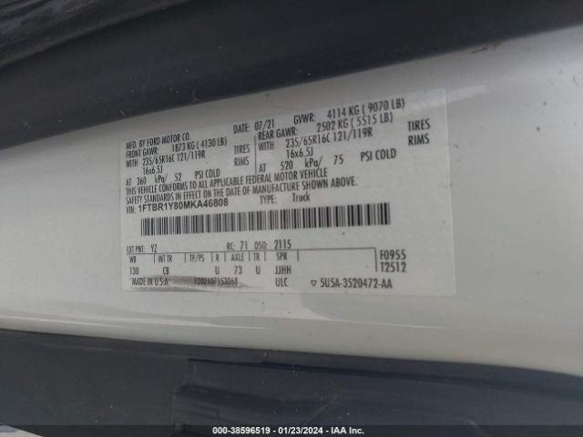 Photo 8 VIN: 1FTBR1Y80MKA46808 - FORD TRANSIT-250 CARGO VAN 