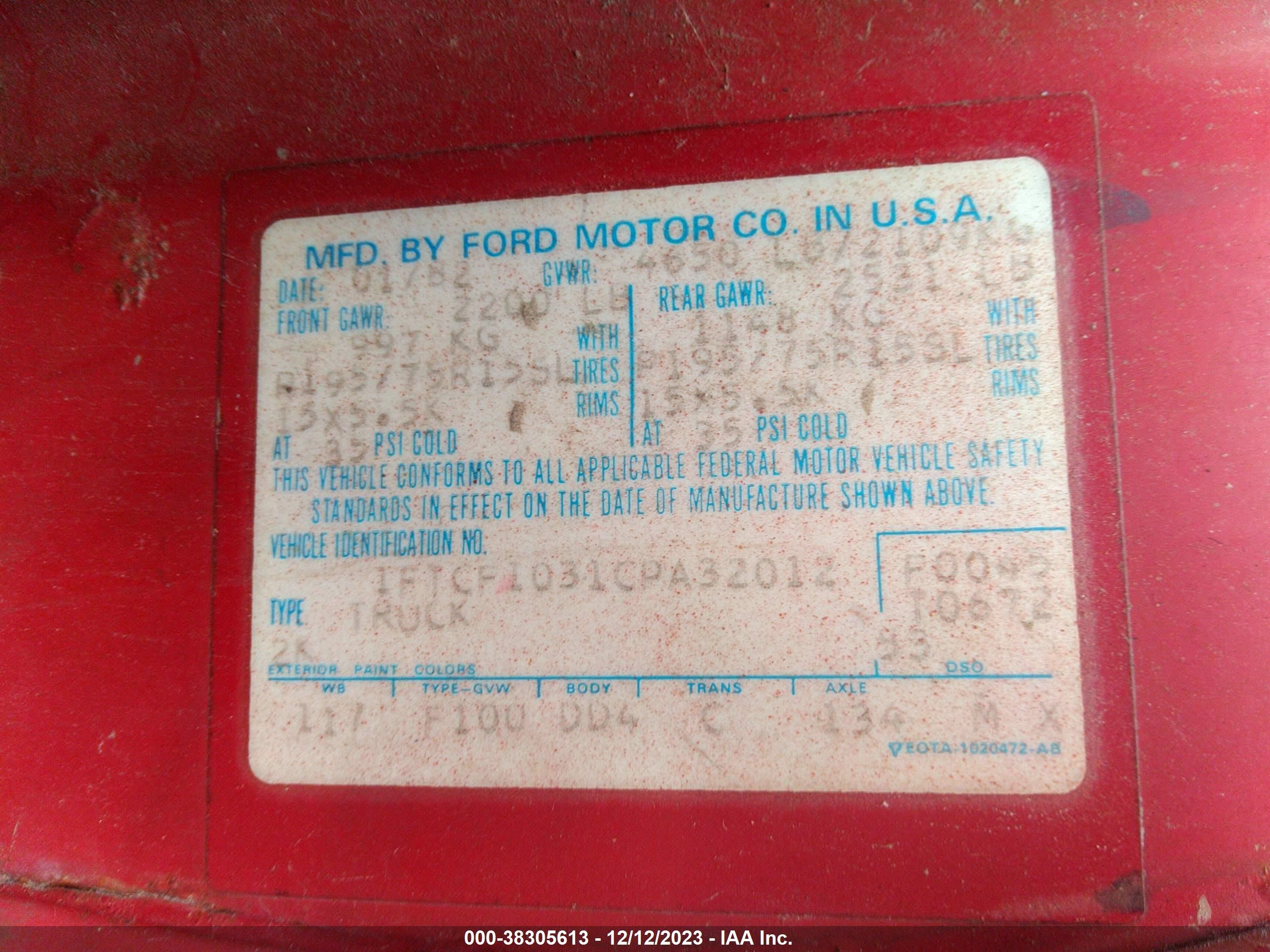 Photo 8 VIN: 1FTCF1031CPA32012 - FORD F100 