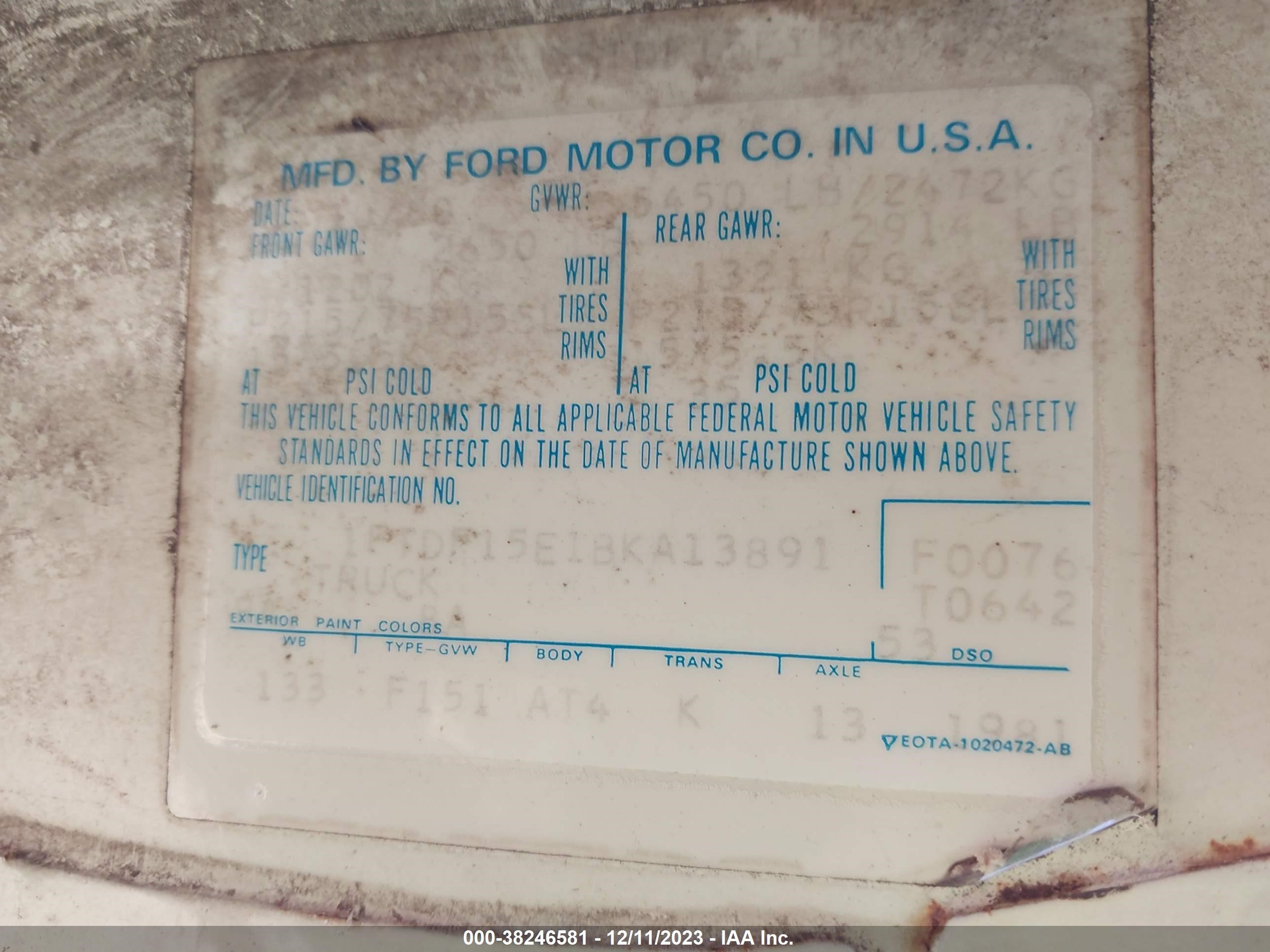 Photo 8 VIN: 1FTDF15E1BKA13891 - FORD F-150 