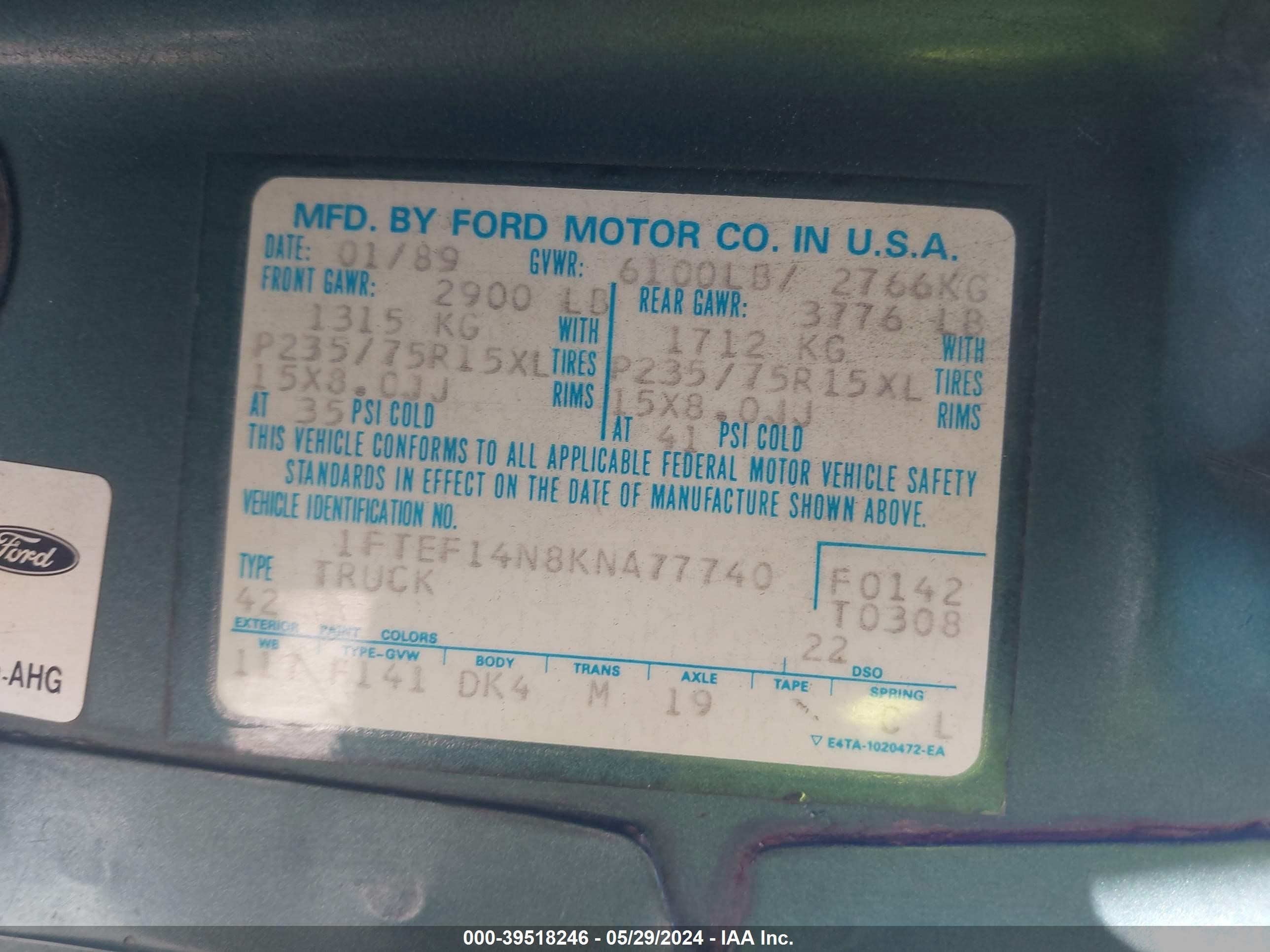 Photo 8 VIN: 1FTEF14N8KNA77740 - FORD F-150 