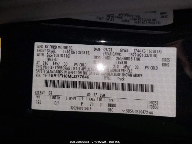 Photo 8 VIN: 1FTER1FH8MLD77646 - FORD RANGER 