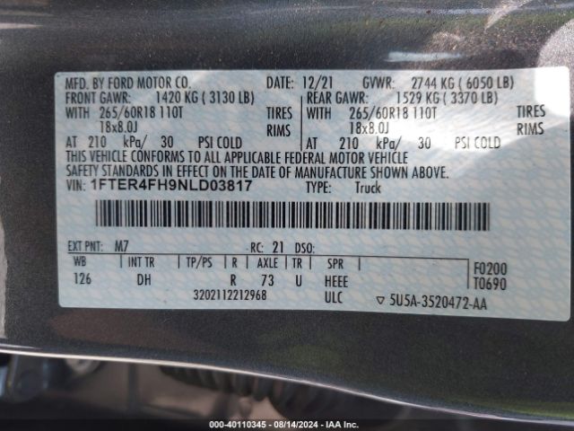 Photo 8 VIN: 1FTER4FH9NLD03817 - FORD RANGER 