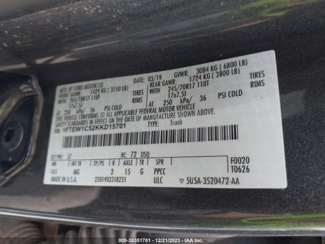 Photo 8 VIN: 1FTEW1C52KKD15701 - FORD F-150 