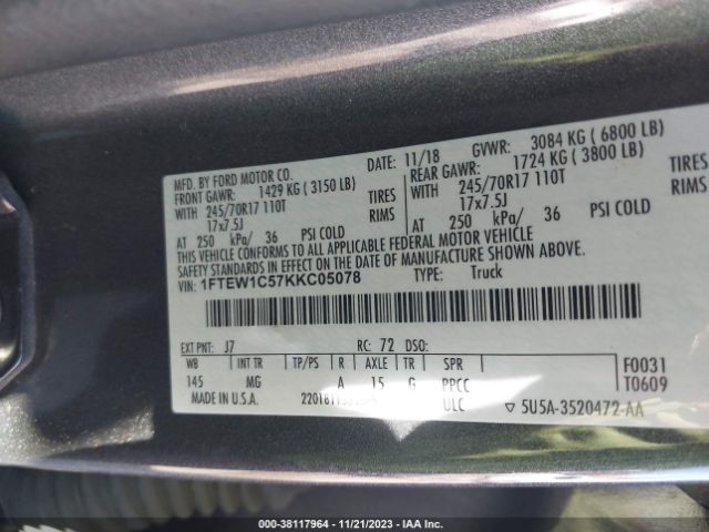 Photo 8 VIN: 1FTEW1C57KKC05078 - FORD F-150 