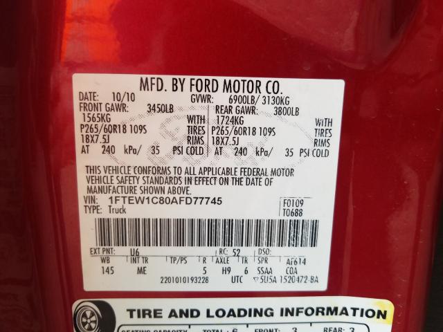 Photo 9 VIN: 1FTEW1C80AFD77745 - FORD F150 SUPER 