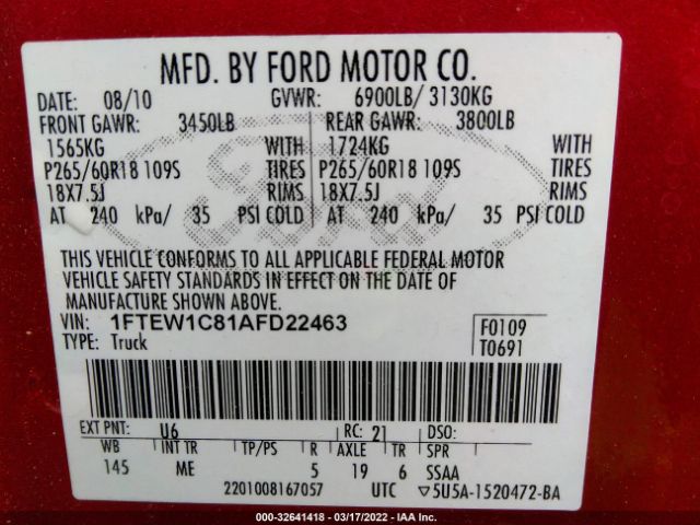 Photo 8 VIN: 1FTEW1C81AFD22463 - FORD F-150 