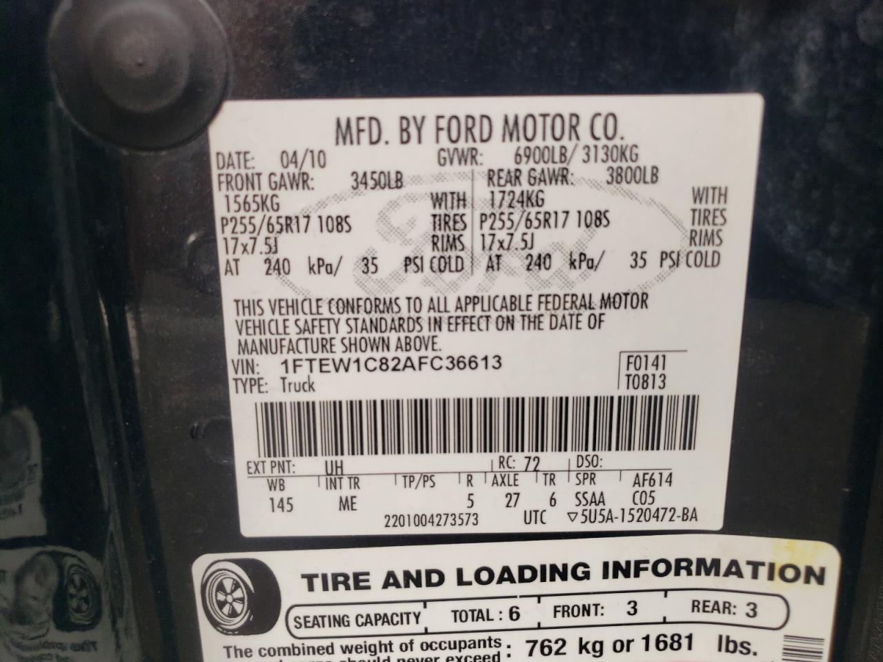 Photo 11 VIN: 1FTEW1C82AFC36613 - FORD F-150 