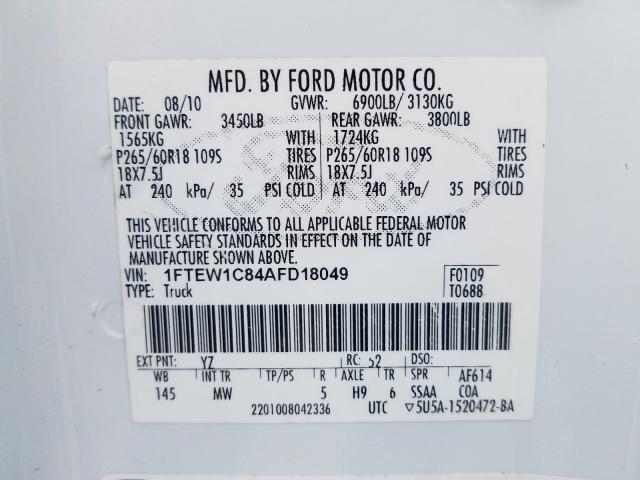 Photo 9 VIN: 1FTEW1C84AFD18049 - FORD F150 SUPER 