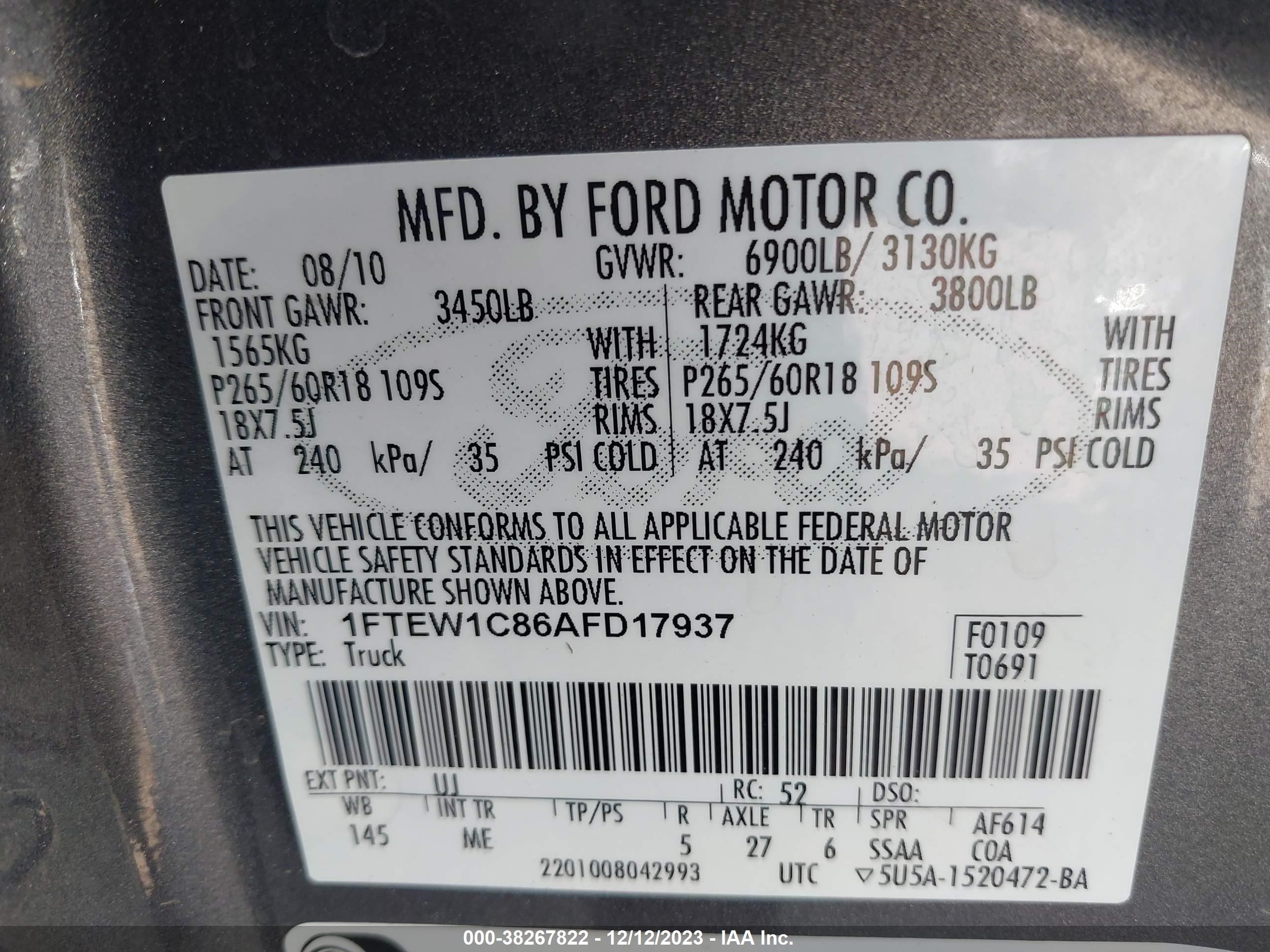 Photo 8 VIN: 1FTEW1C86AFD17937 - FORD F-150 