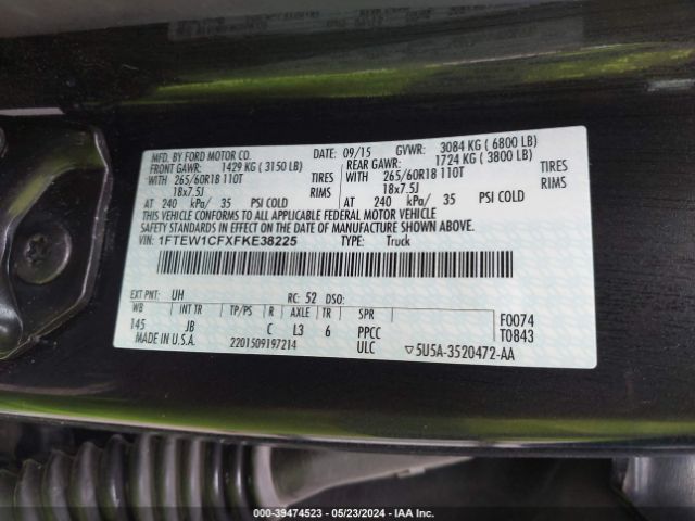 Photo 8 VIN: 1FTEW1CFXFKE38225 - FORD F-150 