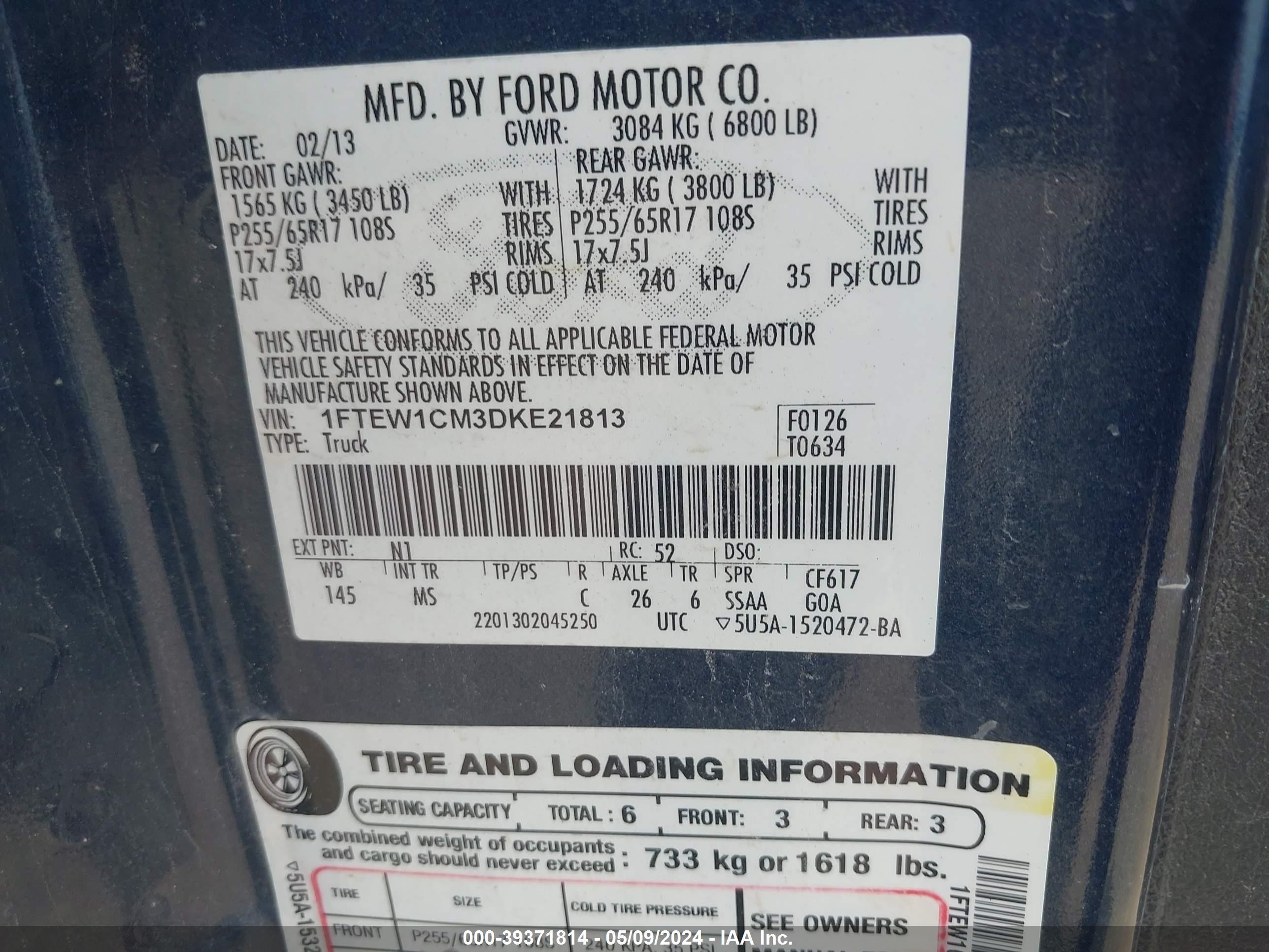 Photo 8 VIN: 1FTEW1CM3DKE21813 - FORD F-150 