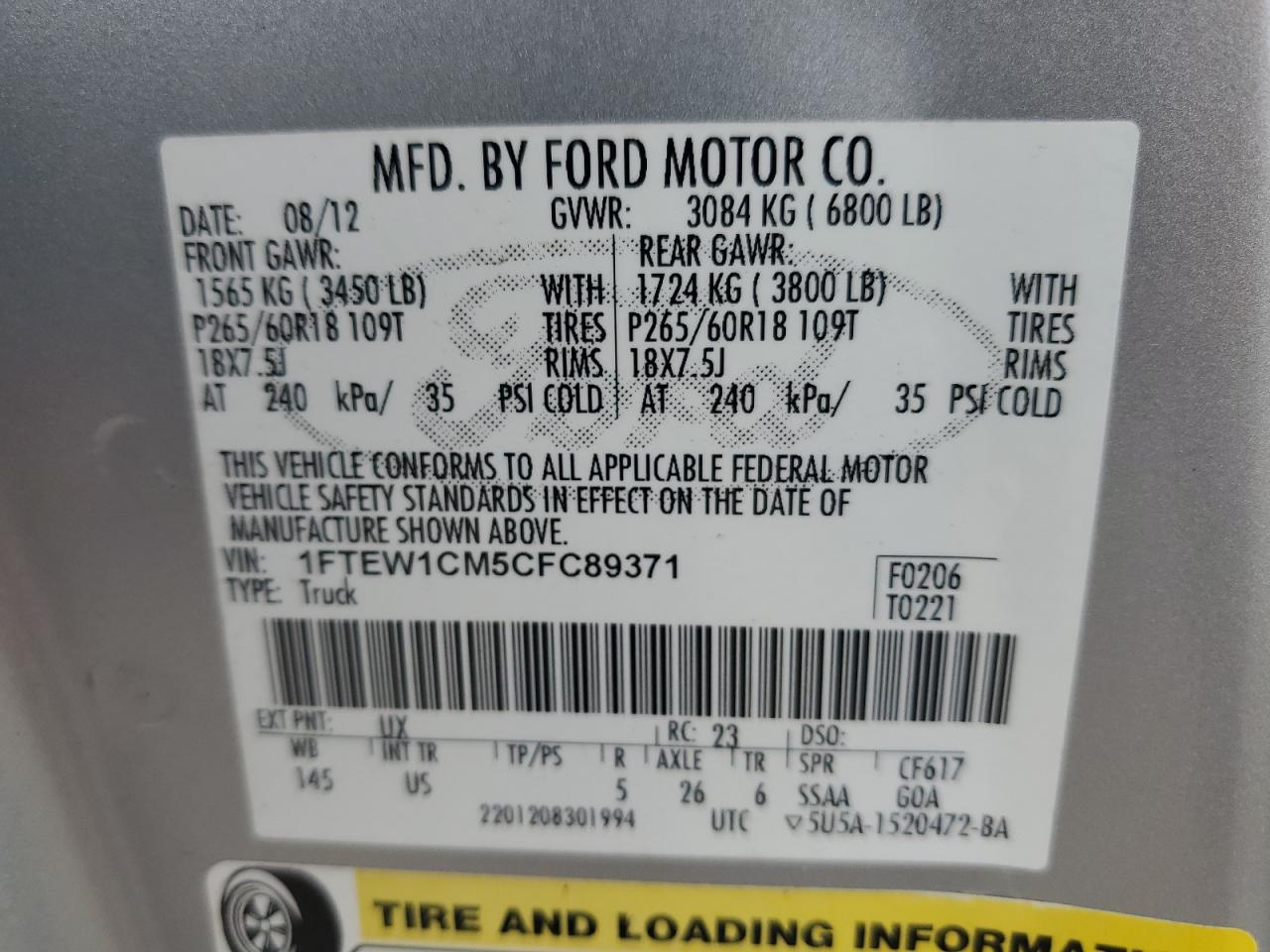 Photo 11 VIN: 1FTEW1CM5CFC89371 - FORD F-150 