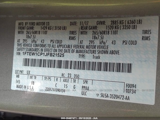 Photo 8 VIN: 1FTEW1CP1JFB21525 - FORD F-150 