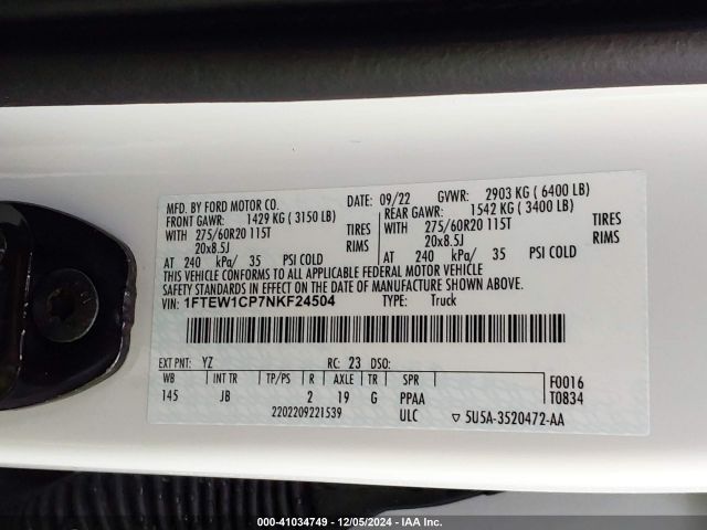 Photo 8 VIN: 1FTEW1CP7NKF24504 - FORD F-150 