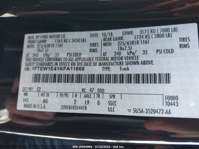 Photo 8 VIN: 1FTEW1E41KFA11868 - FORD F-150 