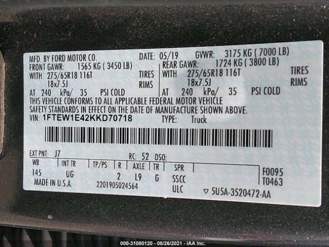 Photo 8 VIN: 1FTEW1E42KKD70718 - FORD F-150 