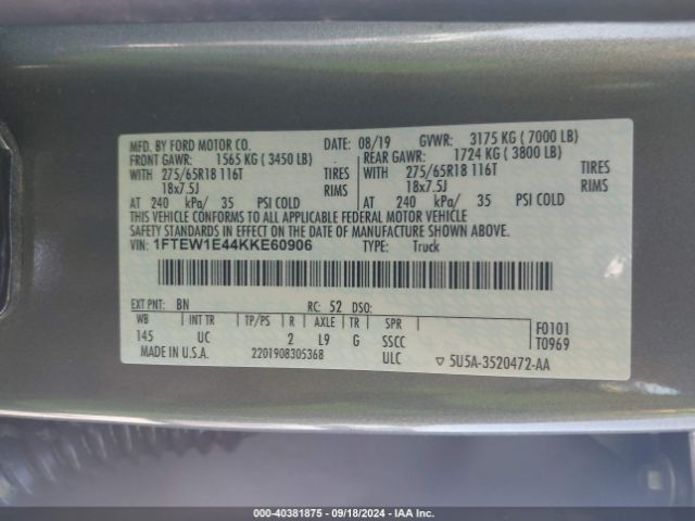 Photo 8 VIN: 1FTEW1E44KKE60906 - FORD F-150 