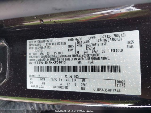 Photo 8 VIN: 1FTEW1E47KKF01013 - FORD F-150 