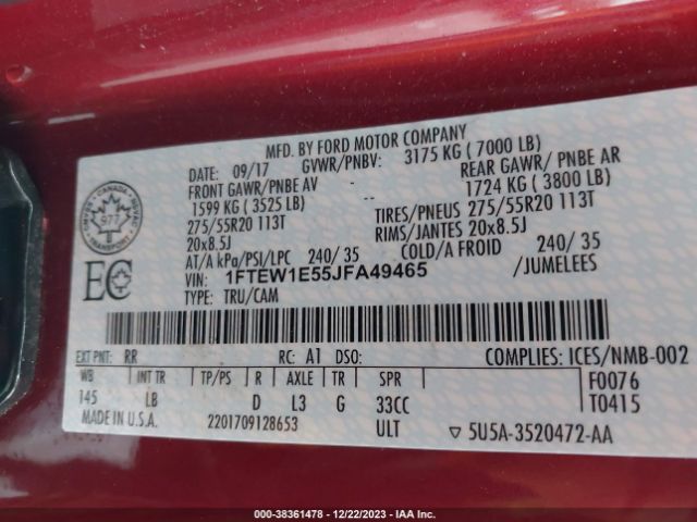 Photo 8 VIN: 1FTEW1E55JFA49465 - FORD F-150 