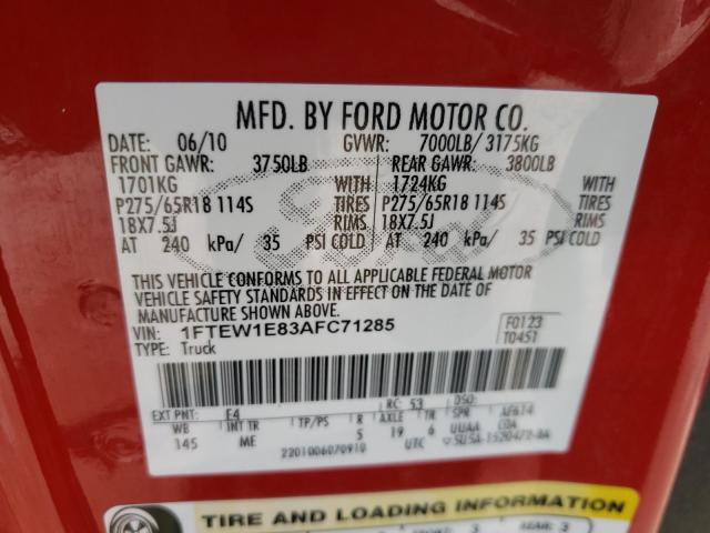 Photo 9 VIN: 1FTEW1E83AFC71285 - FORD F150 SUPER 