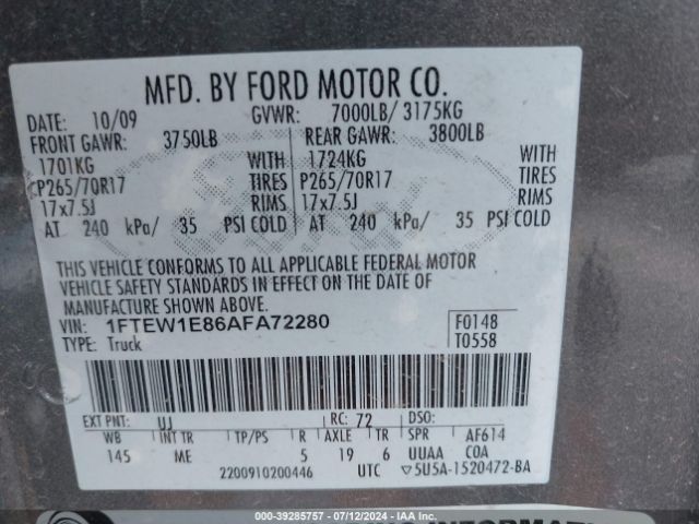 Photo 8 VIN: 1FTEW1E86AFA72280 - FORD F150 