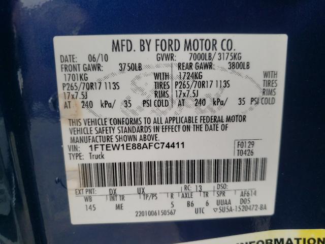 Photo 9 VIN: 1FTEW1E88AFC74411 - FORD F150 SUPER 