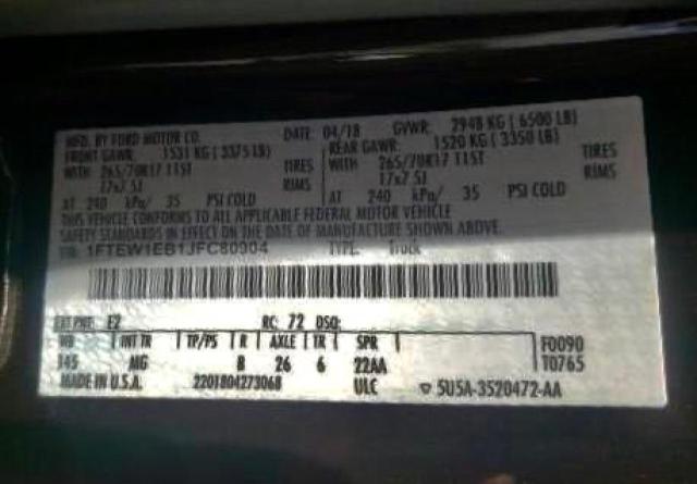 Photo 9 VIN: 1FTEW1EB1JFC80904 - FORD F-150 