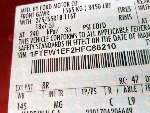 Photo 9 VIN: 1FTEW1EF2HFC86210 - FORD F150 SUPER 